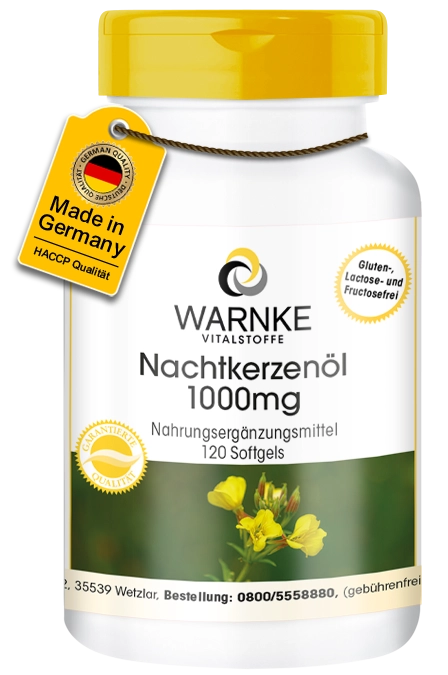 Nachtkerzenöl 1000mg - 120 Softgels - mit Vitamin E - für Zellschutz | Warnke Vitalstoffe Nachtkerzenöl 1000mg - 120 Softgels - mit Vitamin E - für Zellschutz | Warnke Vitalstoffe