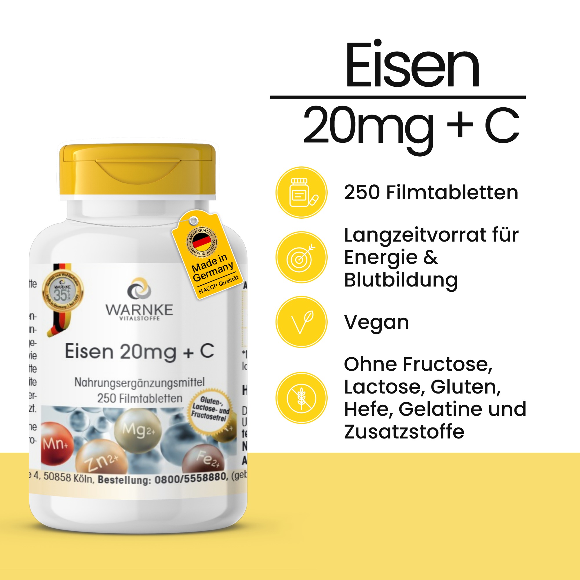 Eisen 20mg + C - 250 Filmtabletten - schluckfreundlich - vegan | Warnke Vitalstoffe