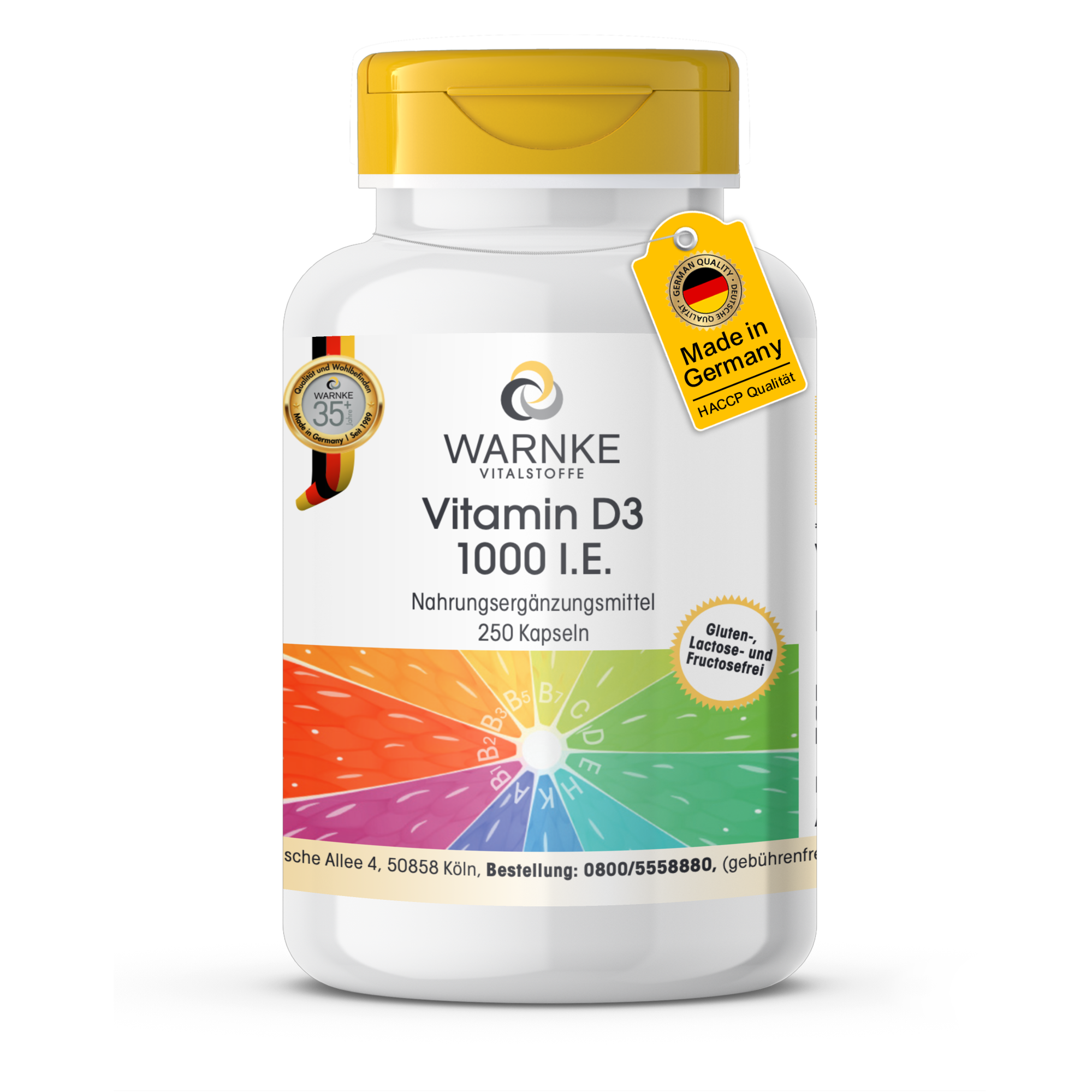 Vitamin D3 1000 I.E. - 250 Kapseln - für Knochen, Muskeln, Immunsystem uvm. - hochdosiert | Warnke Vitalstoffe