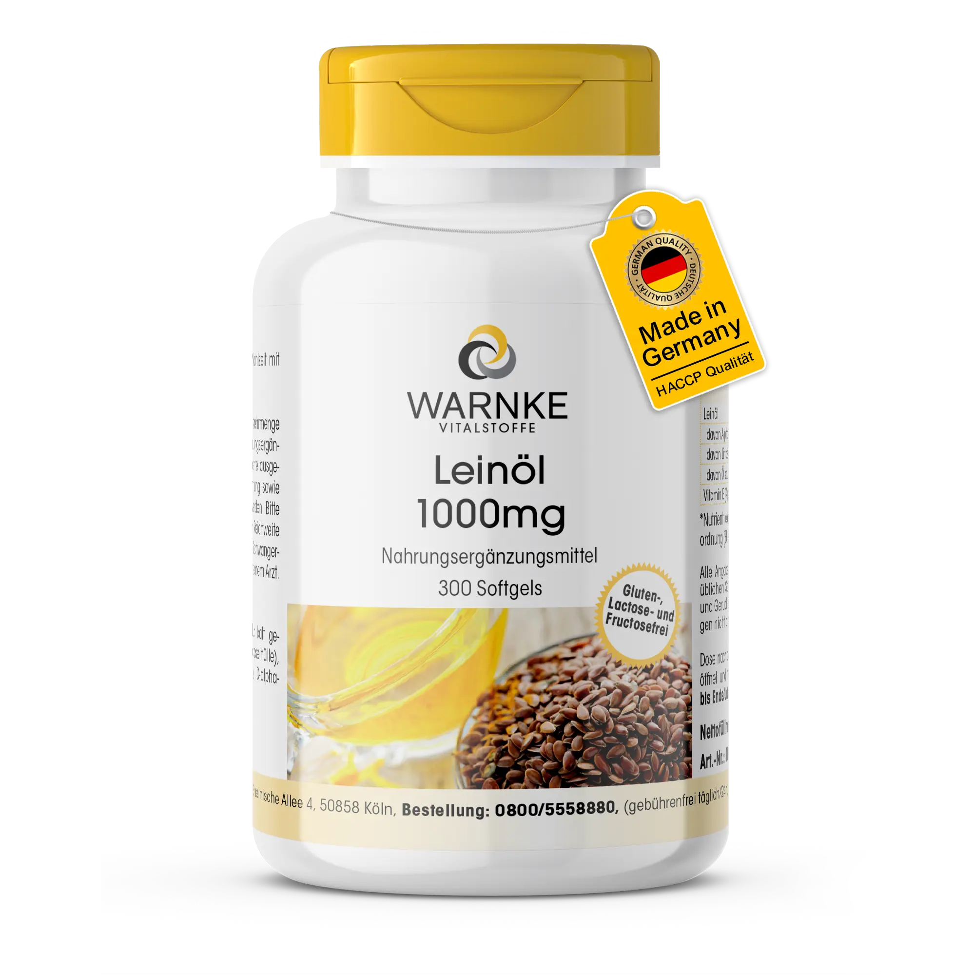 Leinöl 1000mg - 300 Softgels - mit Omega 3-6-9 & Vitamin E - für Zellschutz | Warnke Vitalstoffe
