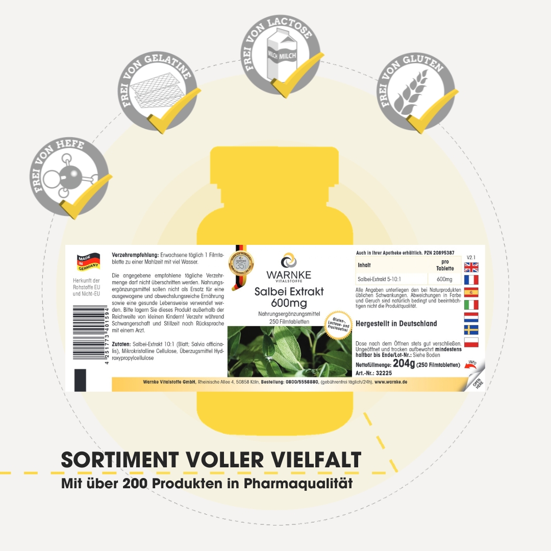 Salbei Extrakt 600mg - 250 Filmtabletten - vegan | Warnke Vitalstoffe