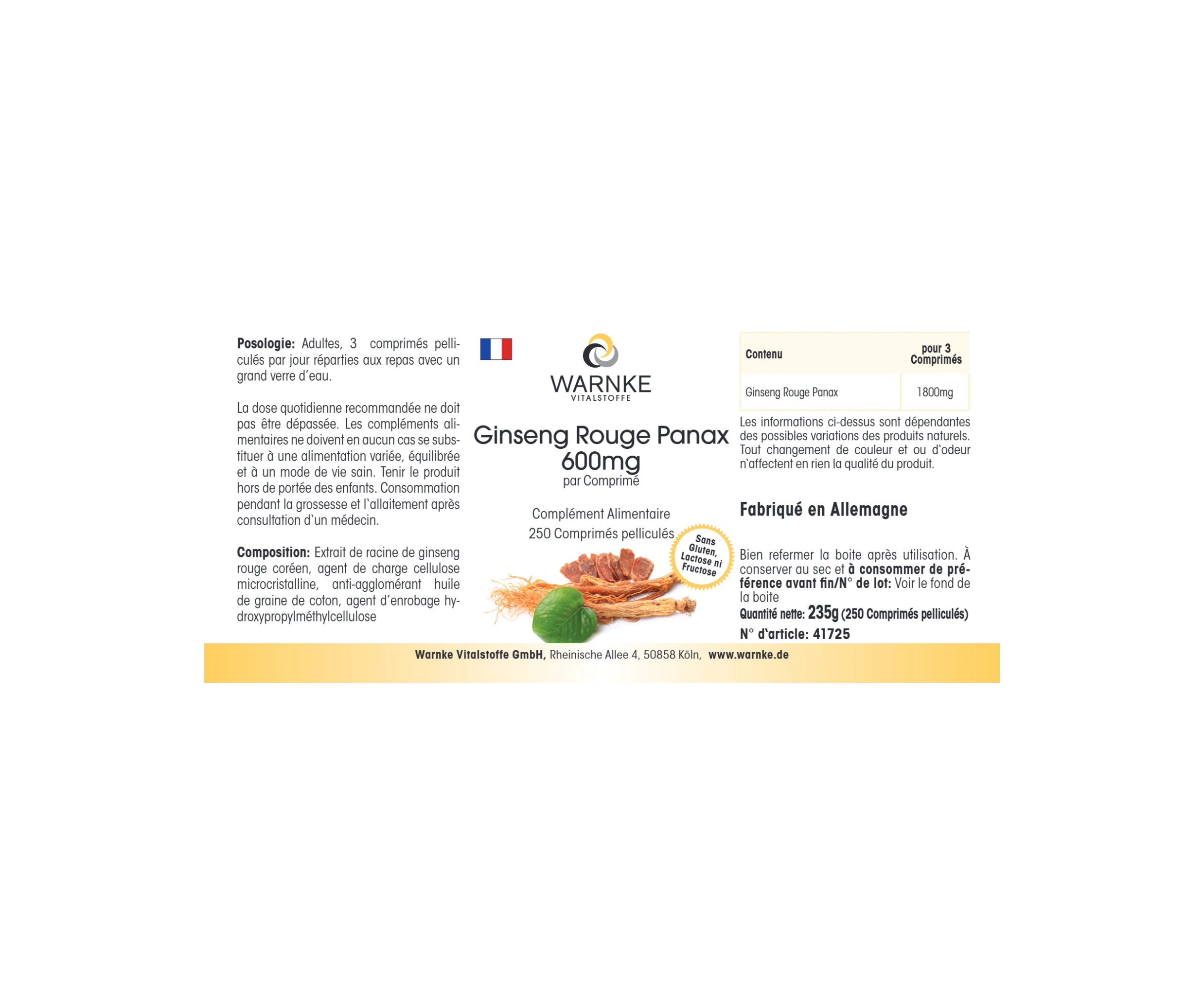 Roter Panax Ginseng 600mg - 250 Filmtabletten - vegan | Warnke Vitalstoffe