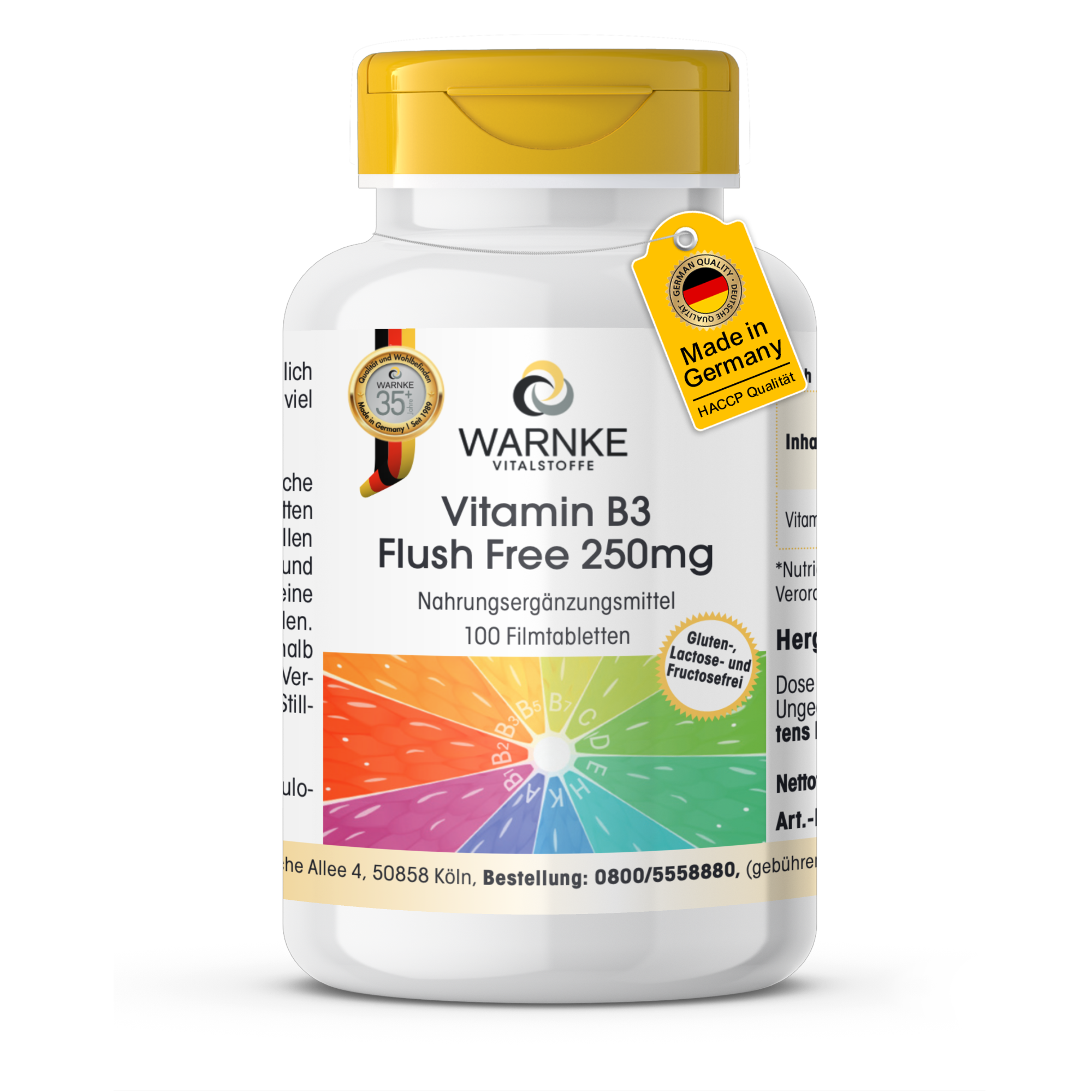 Vitamin B3 Flush Free 250mg - 100 Filmtabletten - für Haut, Nervensystem uvm. - hochdosiert & vegan | Warnke Vitalstoffe